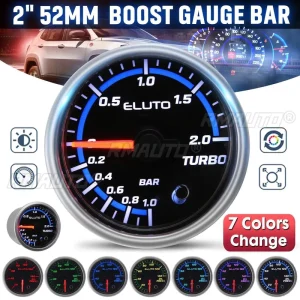 12V 2″ 52mm Car Turbo Boost Pressure Gauge Meter BAR 7 Colors LED Diaplay Aluminum Car Gauge Turbo Gauge Automobiles Assoc