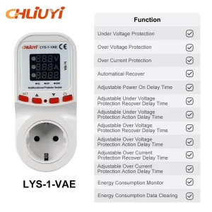 16A Adjustable AC 220V Automatic Voltage Current Reclosing Protector EU Socket Plug LCD Display Class Metering LYS-1-VAE