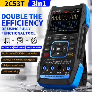 2C53T High Profile Portable 3 in 1 Digital Oscilloscope Signal Generator Multimeter Dual Channel Handheld Oscilloscope