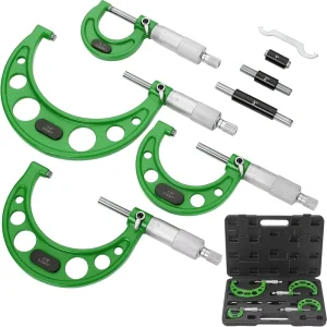4-Piece Set 0.0001″ Grinding Outer Micrometers with Green and Blue Plastic Box, Imperial