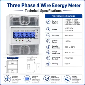4P LCD 230V Rail mounted Electricity AC Active Three Phase 4 Wire Energy Meters with Transparent Cover & Backlight