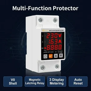 63A 230V 3IN1 Display Din Rail Adjustable Over Under Voltage Protector Relay Over Current Protect Kwh Power Watt Meter Device