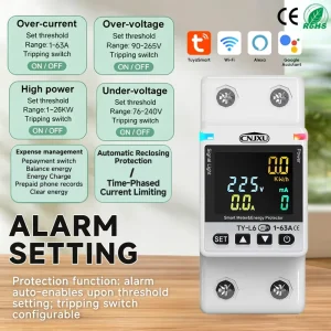 63A Adjustable OV UV Leakage Protection Time Current Limit Auto Recloser Tuya Mcb Wifi Smart Circuit Breaker with Metering