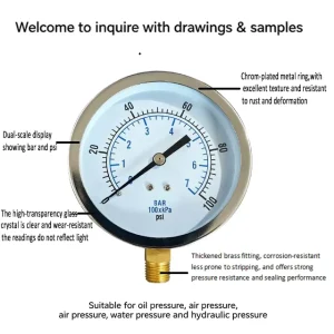 90mm General Pressure Gauge 1/4 Thread Oil Air Water Pressure Meter 0-7Bar Manometer for Industrial Medical Smelting Equipment