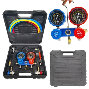 AC Manifold Dual Gauge with Low High Pressure Connectors 1.5m Charging Hoses Color coded Hoses Clear Scale Accurate