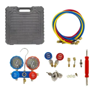 AC Manifold Gauge Dual-Gauge Valve Kit with Aluminum Alloy Components, Rubber Hoses, Adapters, and Tools, Portable