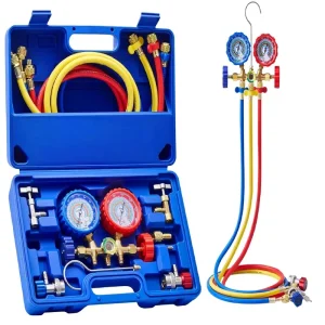 AC Manifold Gauge Set for R12 R134a R502 R22 Refrigerant with 5 ft Hoses, Piercing Can Taps 29° Adapter