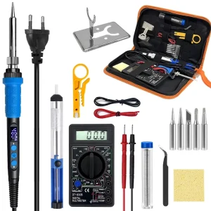 Blue LCD Soldering Iron Kit 60W 220V Adjustable Temperature With Soldering Tip and Multimeter