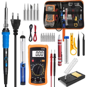 Blue Soldering Iron Kit 60W 220V Adjustable Temperature With Soldering Tips, Soldering Wire, and Multimeter