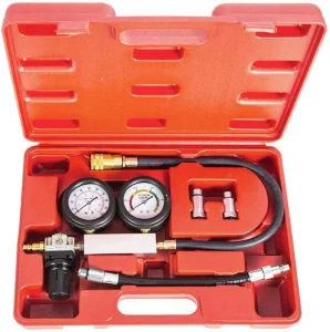 Dual Gauge 0-100PSI Engine Cylinder Leakage Leakdown Tester Meter Pressure Gauge Tools Kit with 14mm/12mm/10mm Spark Plugs