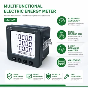 ES96ZY K3 Multifunctional Three Phase Power Meter 0.5S Class RS485 Modbus RTU 4DI2DO Harmonic Analyzer LCD Panel Meter