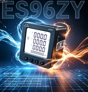 ES96ZY Three Phase Multifunction Power Meter 0.5S Class kWh Four Quadrant Harmonic RS485 Modbus RTU Panel Meter IP65 6A