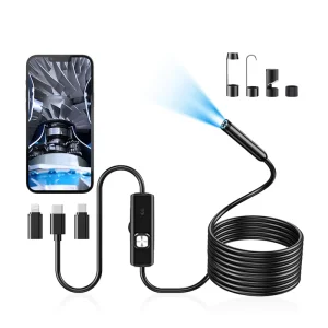 HD 2MP Borescope 8 Adjustable LED Lights 5m Semi-Rigid Flexible IP67 Waterproof Inspection Camera with iOS Android Compatibility