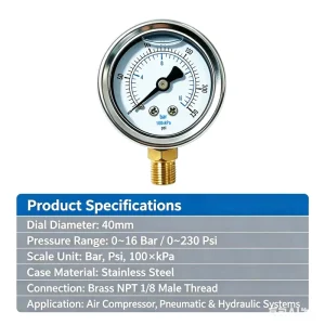 High-Precision Glycerol Oil Filled Hydraulic Pressure Gauge Stainless Steel Industrial Manometer YN40 0-15Psi 2.5%