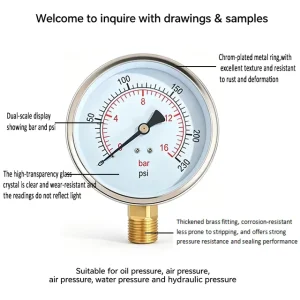 Industrial Pressure Gauge 0-16 Bar (230 PSI) Dual Unit Display Brass Connector for Multiple Applications