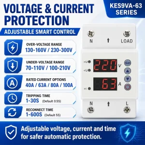 KES9VA-63 Three Phase Auto Reconnect Protection Relay 40A 63A 80A 100A Overvoltage Undervoltage Current Protector