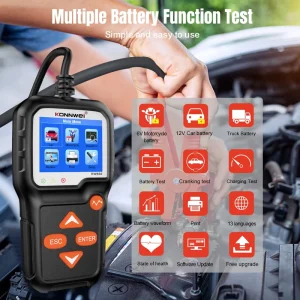 KW650 6V-16V Car, Motorcycle and Scooter Battery Tester with Alligator Clips and 2.4-inch Color LCD Display