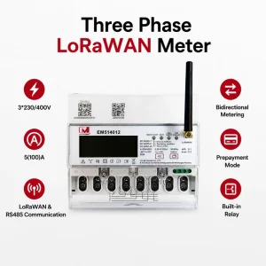 MID Three Phase Lorawan Energy Meter with 100A 230V EM514012 Net Metering Prepaid Output Multiple Warning Modes