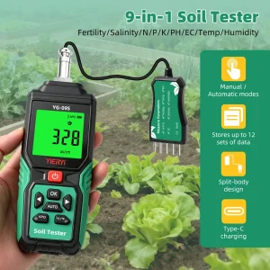 Portable 9 in 1 Digital Soil Tester pH NPK Humidity Temp Salinity Fertility Meter for Potted Plant Garden Farm Agriculture