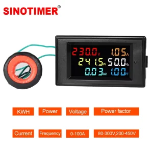 SINOTIMER MultiFunction Energy Meter SPM003 LED Display, V/A/KWH/HZ/Power/Power Factor Monitoring, AC80 – 450V 100A External CT