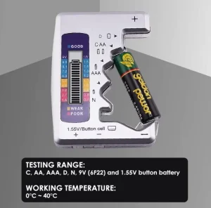 Seven-Type Universal Battery Tester for C, AA, AAA, D, N, 9V (6F22), and 1.5V Button Cell Batteries
