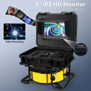 Sewer Camera 9 Inch IPS Display Self Leveling Lens Industrial Endoscope 50m Cable IP68 Rated 2X Zoom 105 Field View Lithium