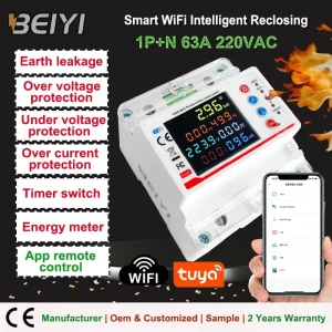 Smart Multifunction Single Phase WiFi Energy Meter 100A Circuit Breaker with Leakage and Over Voltage Auto reclose Protection