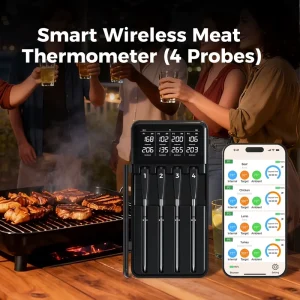 Smart Wireless Meat Thermometer with App Control 820FT Blue Tooth Range 4 Probes LCD Display IP67 Waterproof for BBQ Grill Oven