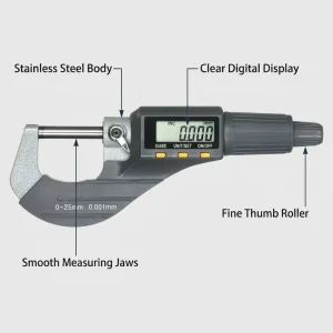 Stainless Steel Digital Micrometer, 0.001mm Resolution, Diameter Measuring Tool