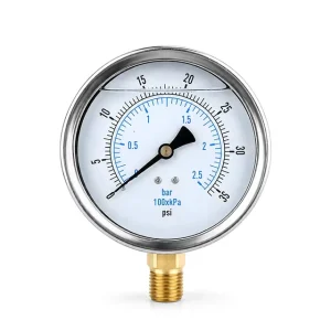 Stainless Steel Liquid Filled Pressure Gauge 0-35PSI 2.5Bar Triple Scale Manometer Brass Thread for Water Oil Air