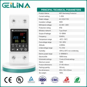 TUYA WiFi Smart 63A Circuit Breaker Timer Single Phase Earth Leakage Over Voltage Protector with kWh Meter for Smart Life