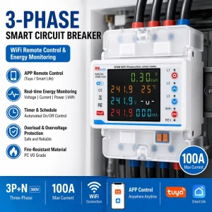 Three Phase 100A DIN Rail KWH Electric Energy Meter Prepaid with Tuya WiFi RS485 Module LCD Display AC Ammeter