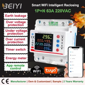 Tuya Smart Home Mini WiFi Metering Circuit Breaker Din Voltage Protector LED Remote Control Switch for Single Phase 100A 220V