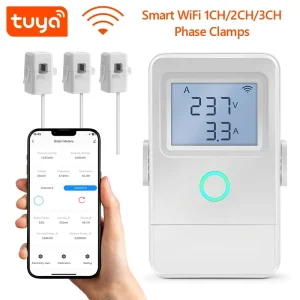 Tuya WiFi Smart Electricity Meter 1/2/3CH 80A Current Clamp Energy Monitor with LCD Overheat Alarm Flame Retardant PST-PW03