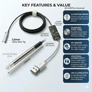Ultra Slim 3.5mm Tube USB Camera Module OVM9734 720P HD Industrial Inspection Camera with 4 LED for Precision Machinery Testing