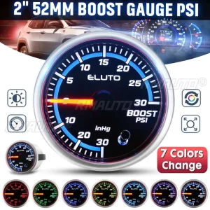 Universal Car Turbo Boost Gauge 1~2 BAR -30~30 PSI 2” 52mm 7 Colors LED Change 12V Boost Pressure Meter Pointer Meter
